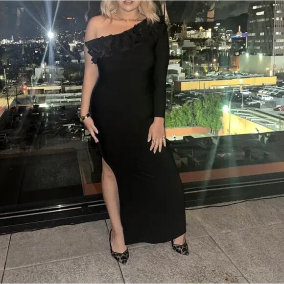 Herve Leger Black Bandage Gown MEDIUM One Shoulder Ruffle Formal Designer $1990 - Picture 6 of 12